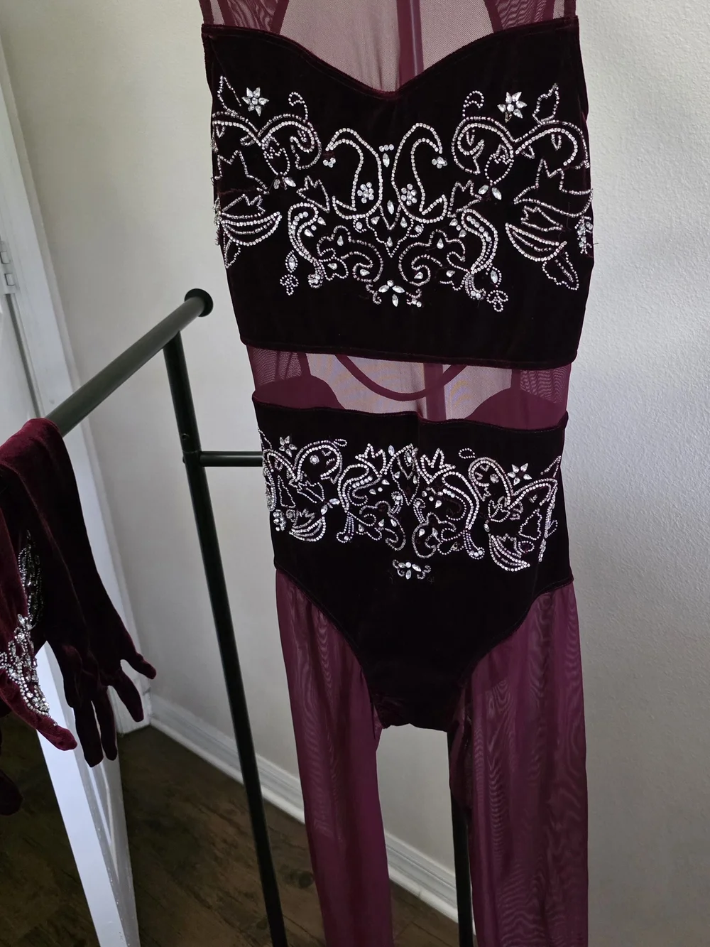Long Velvet Embellished Burgundy Mesh Bodysuit/ Gloves Dance Costume